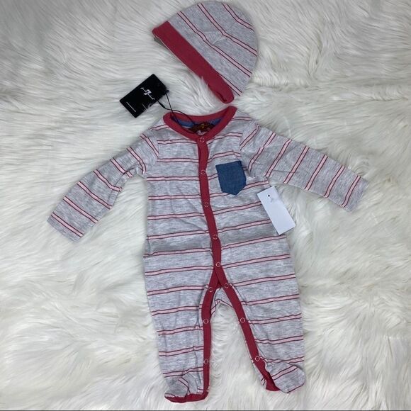 7 For All Mankind Striped Footie & Hat Set - Picture 2 of 4